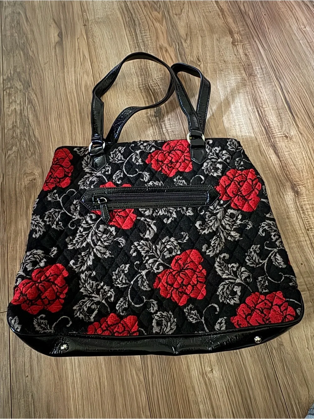 Vera Bradley Black Quilted Tote with Red Floral Accents